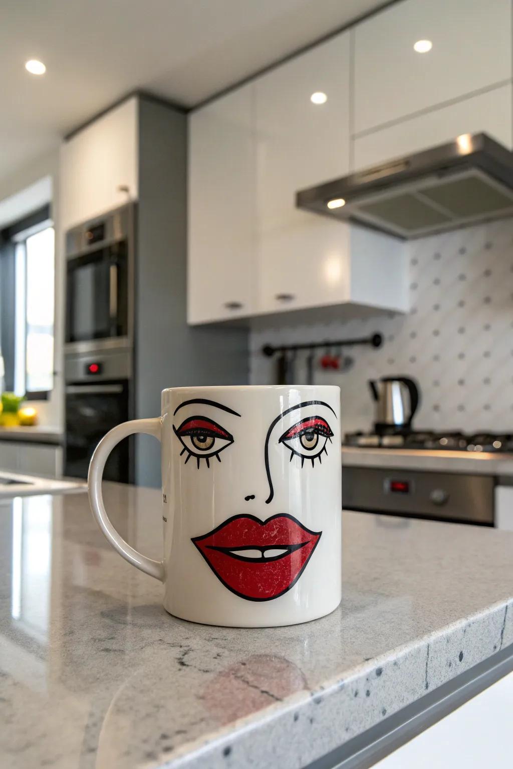 A quirky facial mug featuring oversized lips for an exciting, unconventional look.