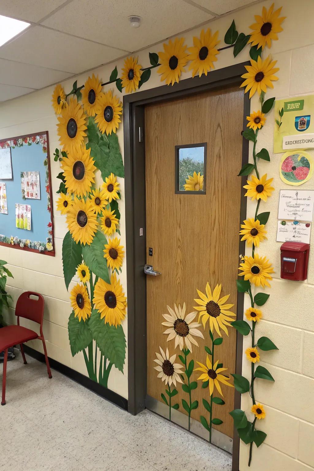 Doorway adorned with sunflowers to emanate a sunny fall atmosphere.