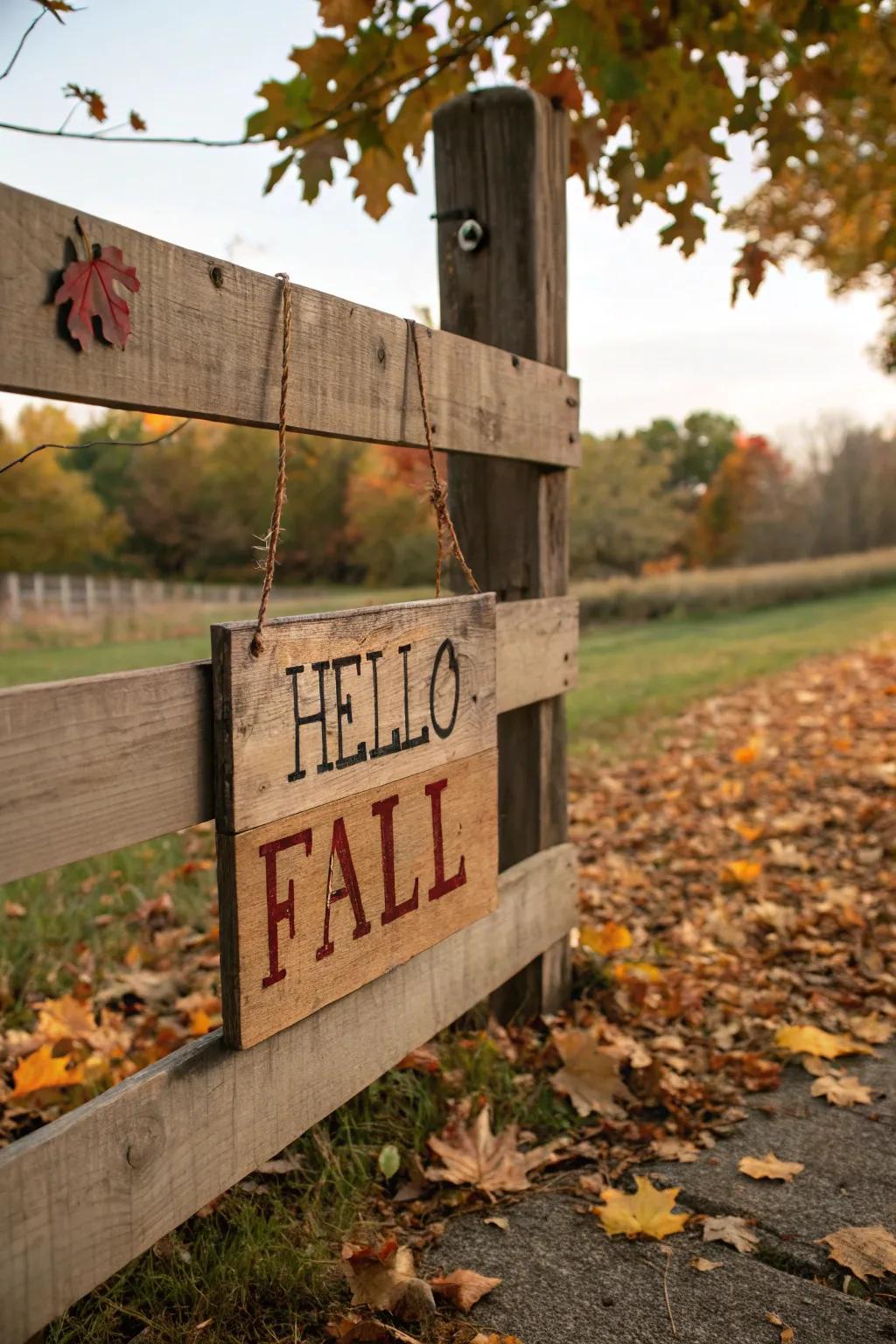 A wooden sign conveying a welcoming fall sentiment enhances the fence's charm.