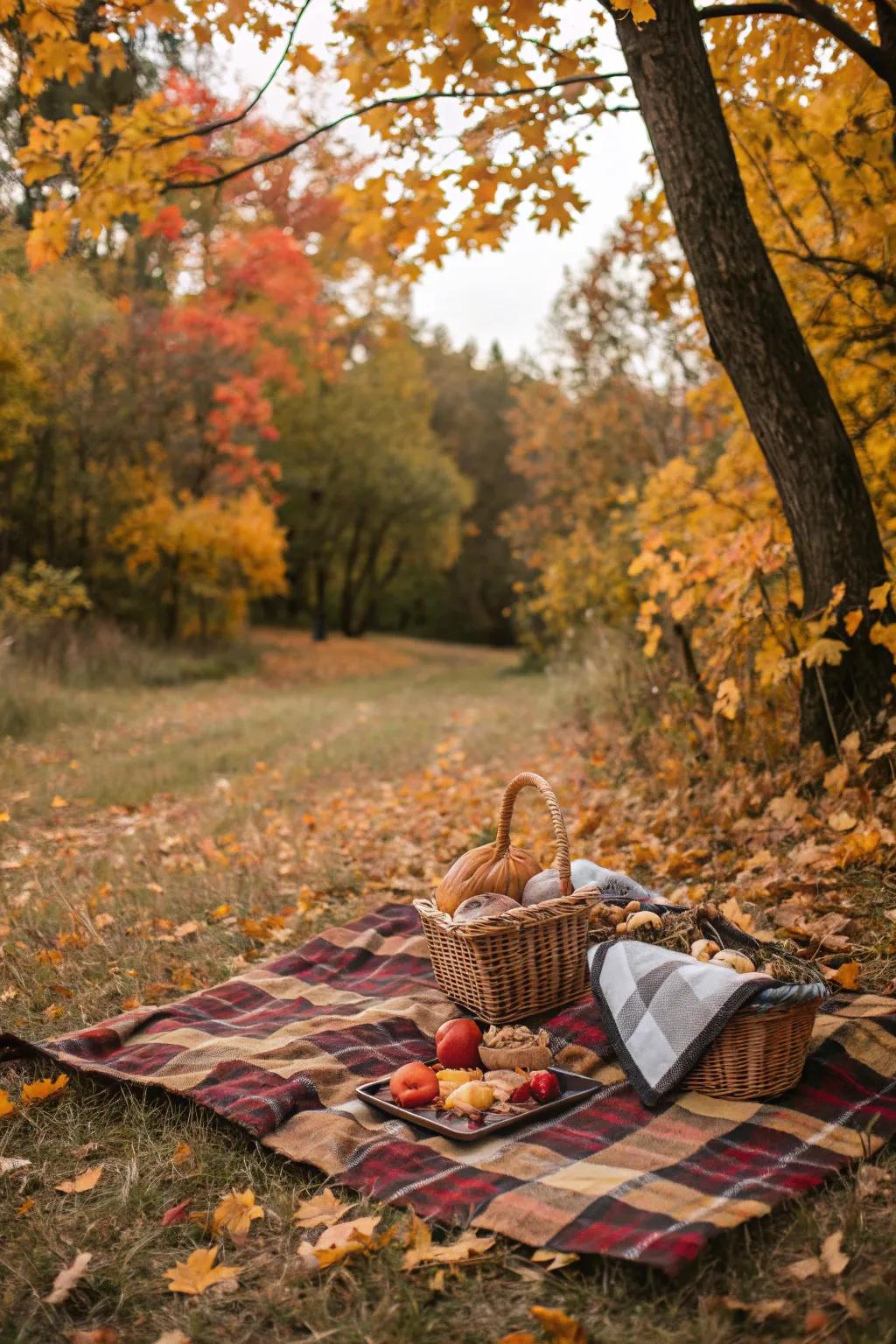 An appealing country-style picnic surrounded by autumn scenery.