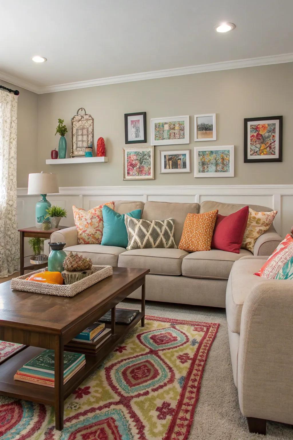 A family room uplifted by bright accents.