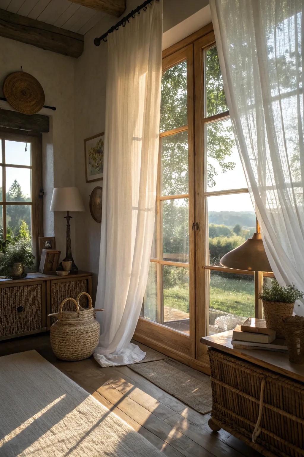 Airy coverings filling a countryside sitting room with sunlight.