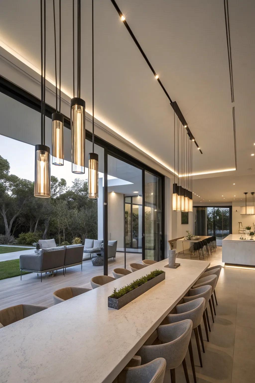 Straight pendant lights deliver a polished and classy appearance over long tables.