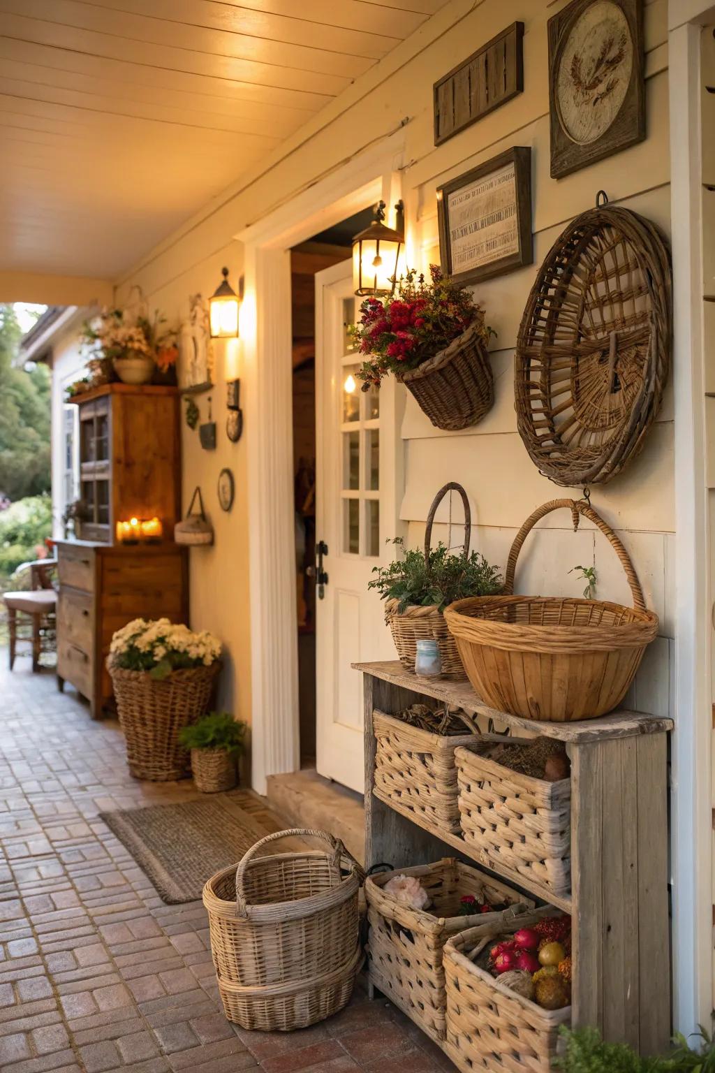 An entryway blending practicality and flair through woven baskets.