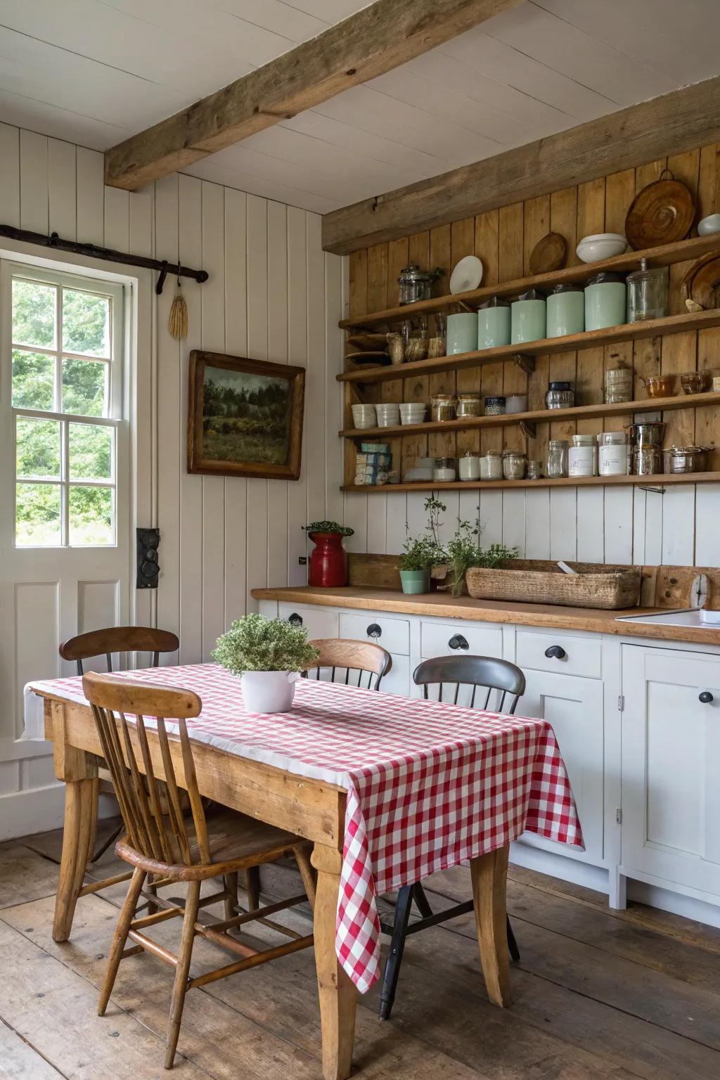 A mix of wood hues creating depth in a country-style cooking space setting.