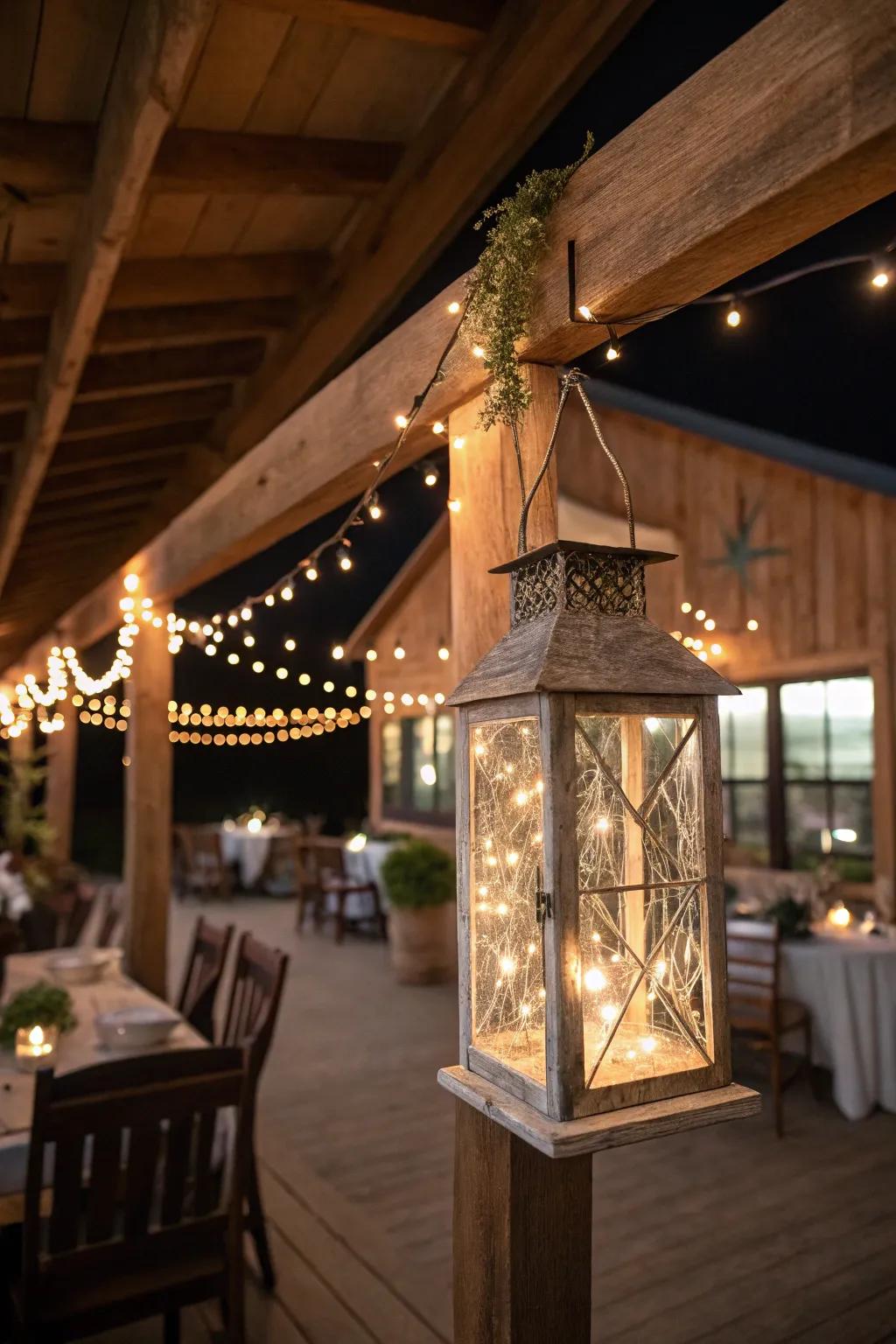 Miniature lights within lanterns establish a whimsical radiance.