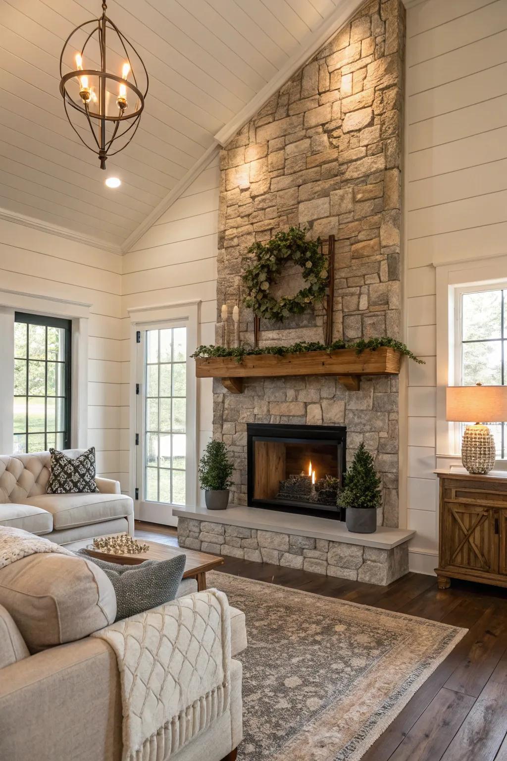 The blend of planking and stone introduces sophistication and texture.