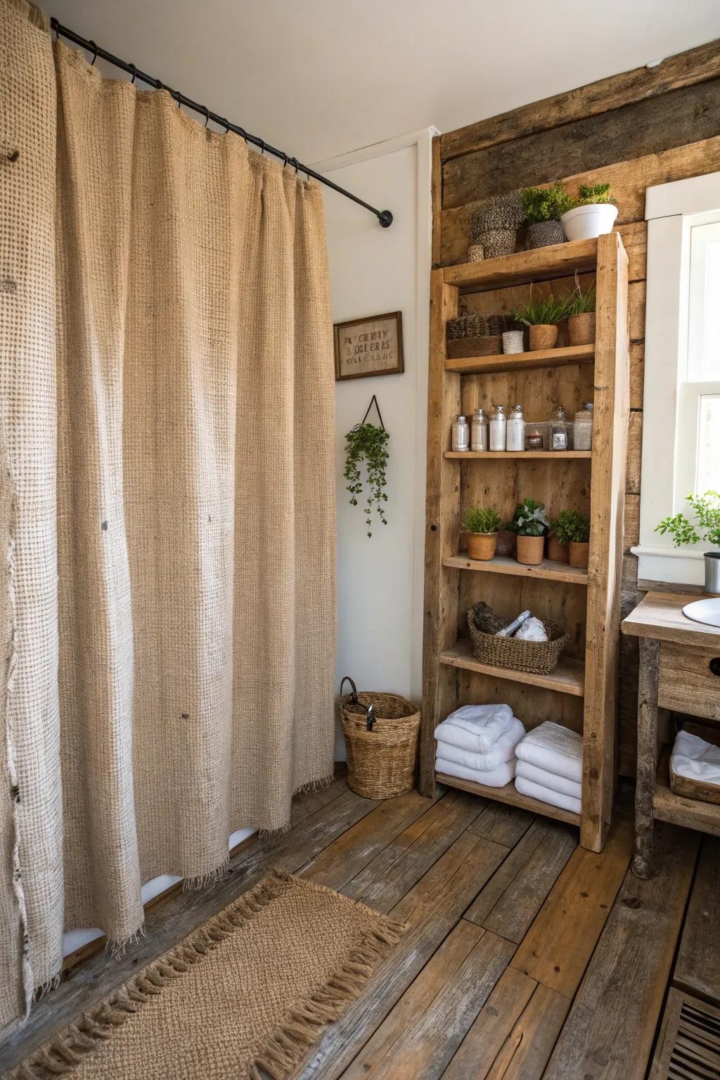 A rustic lavatory featuring a textured hessian shower drape and timber ledges.