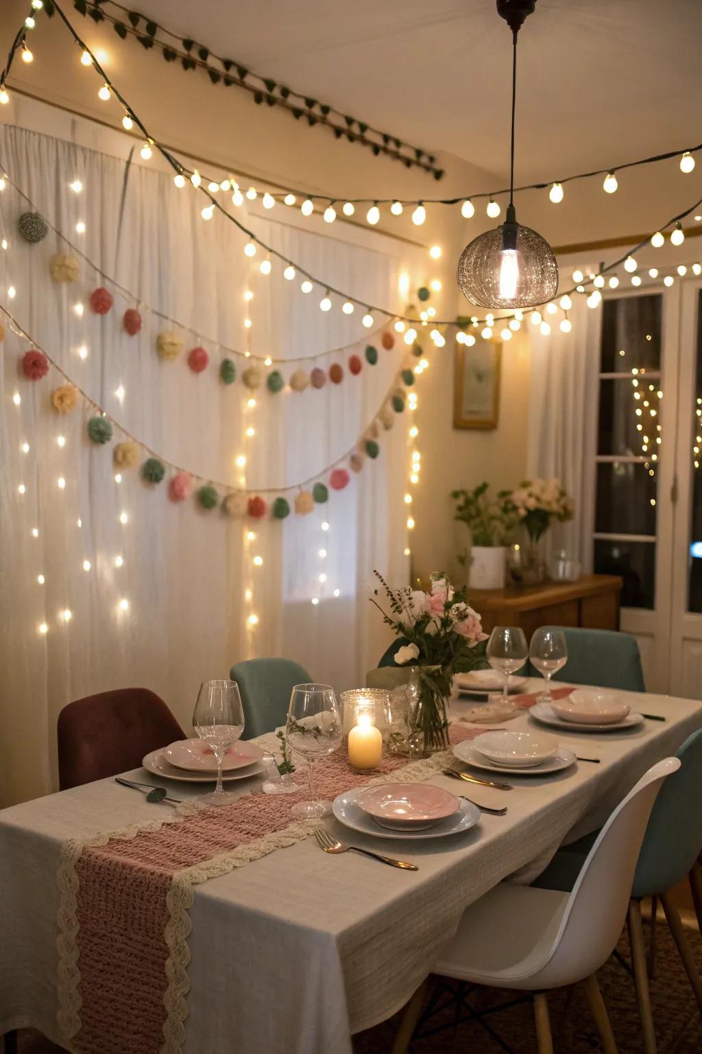 Felt garlands paired with lights enhance the elegance and warmth of dining environments.