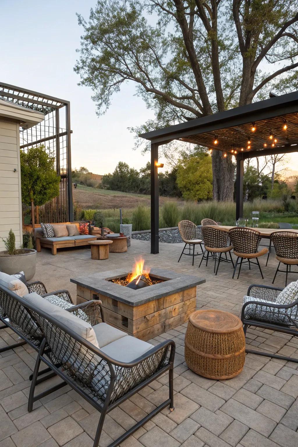 A medley of materials imparts depth and texture to the fire pit space.