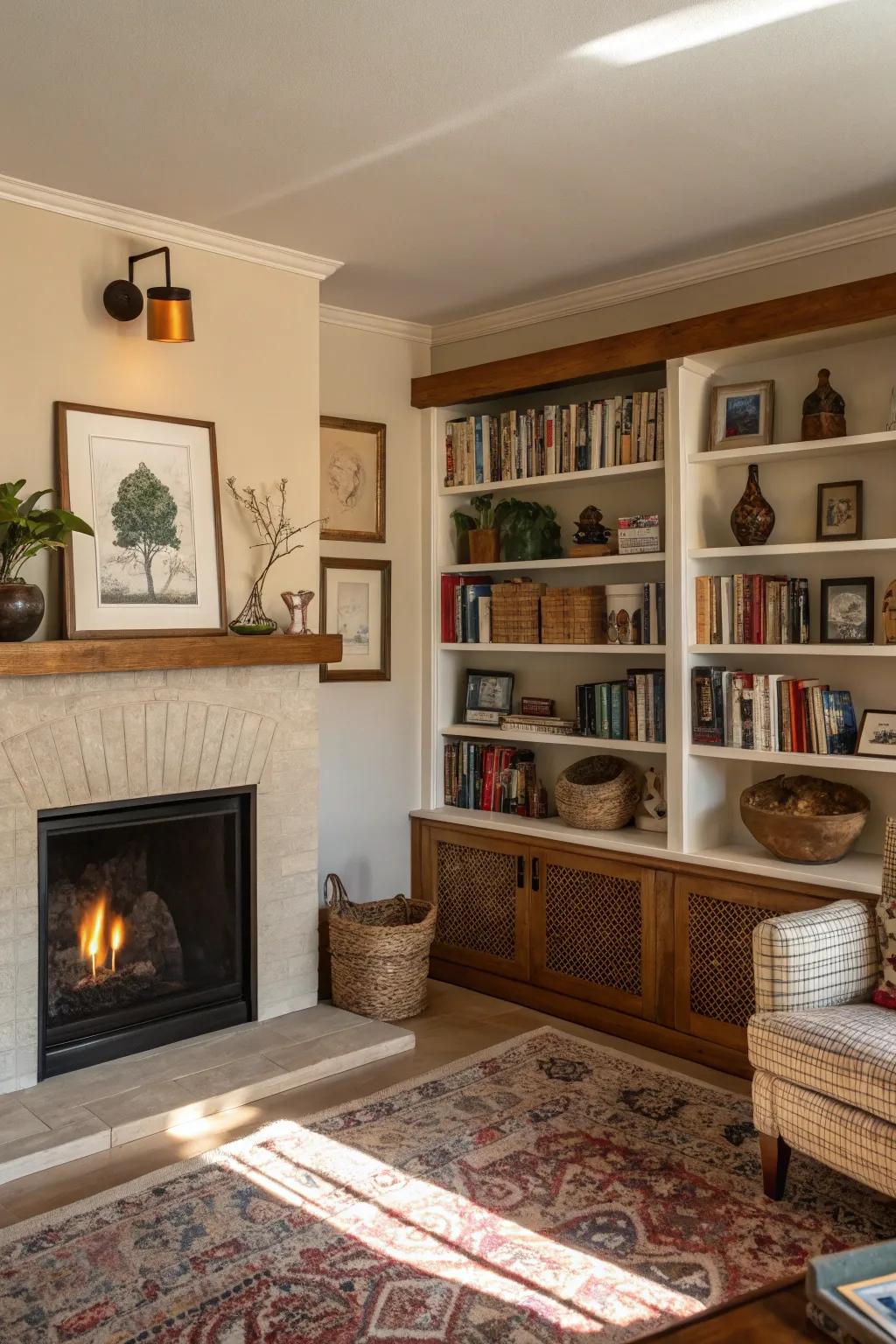 Establish an artistic exhibit featuring a mix of books and decor.