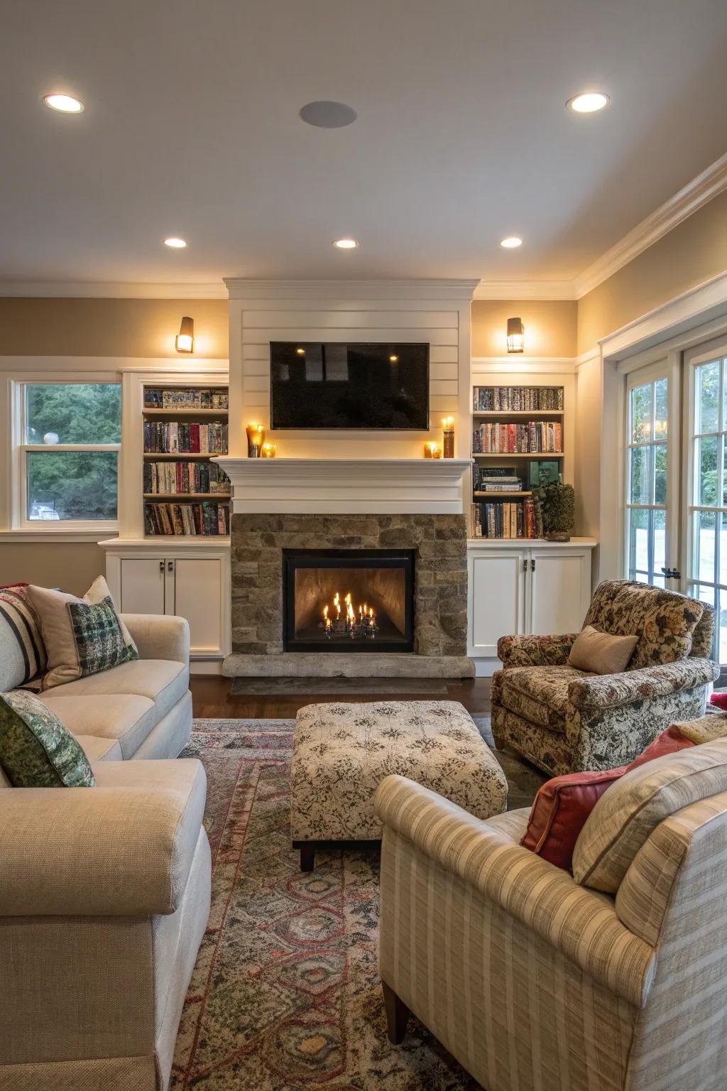 A snug seating layout oriented towards a fireplace with a TV above.