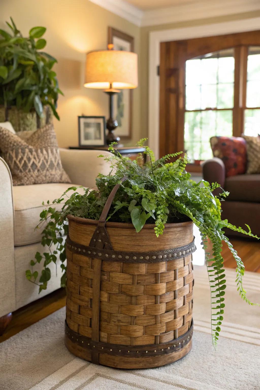 Fishing baskets are charming and whimsical planters.