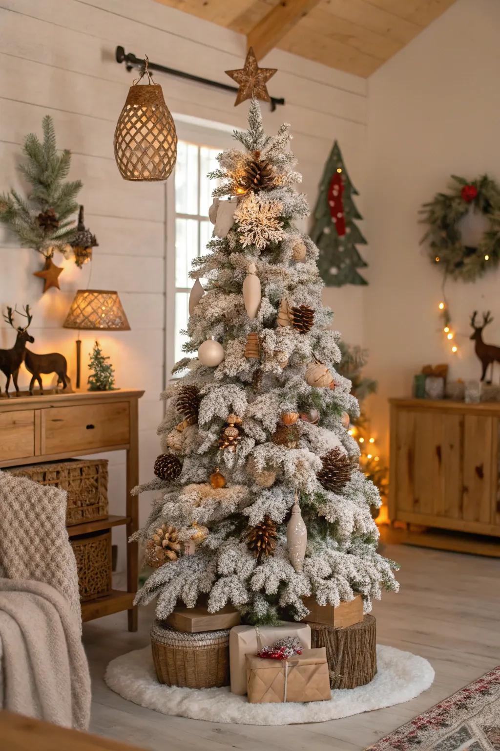 A fantastical forest-themed flocked Christmas tree.