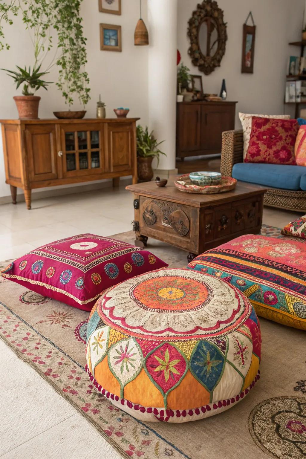 Cultural components deliver global charm to your floor seating setup.
