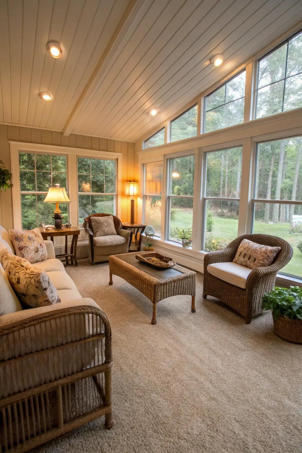 Cozy sunroom that features carpet flooring.