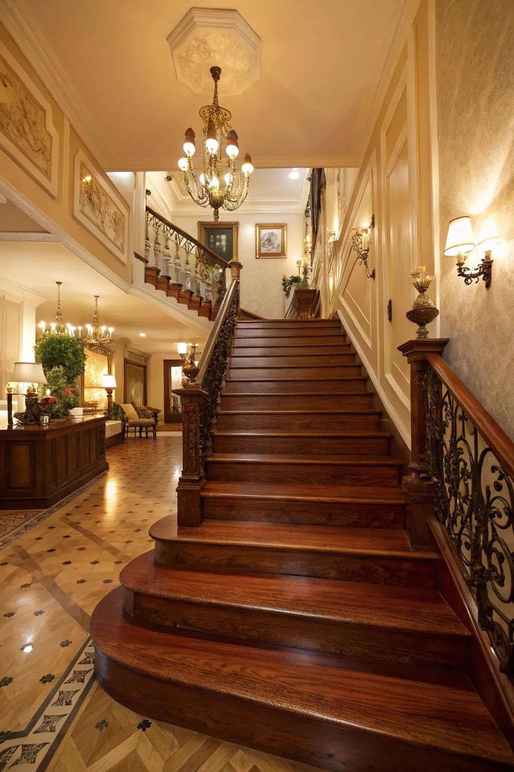 Stained wood staircases emanate sophistication through their profound, opulent shades.