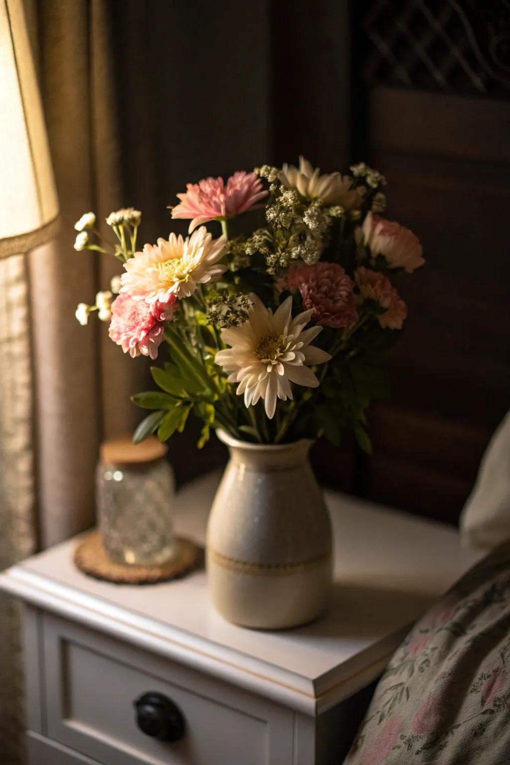 A charming petite arrangement brightens up a cozy nightstand.