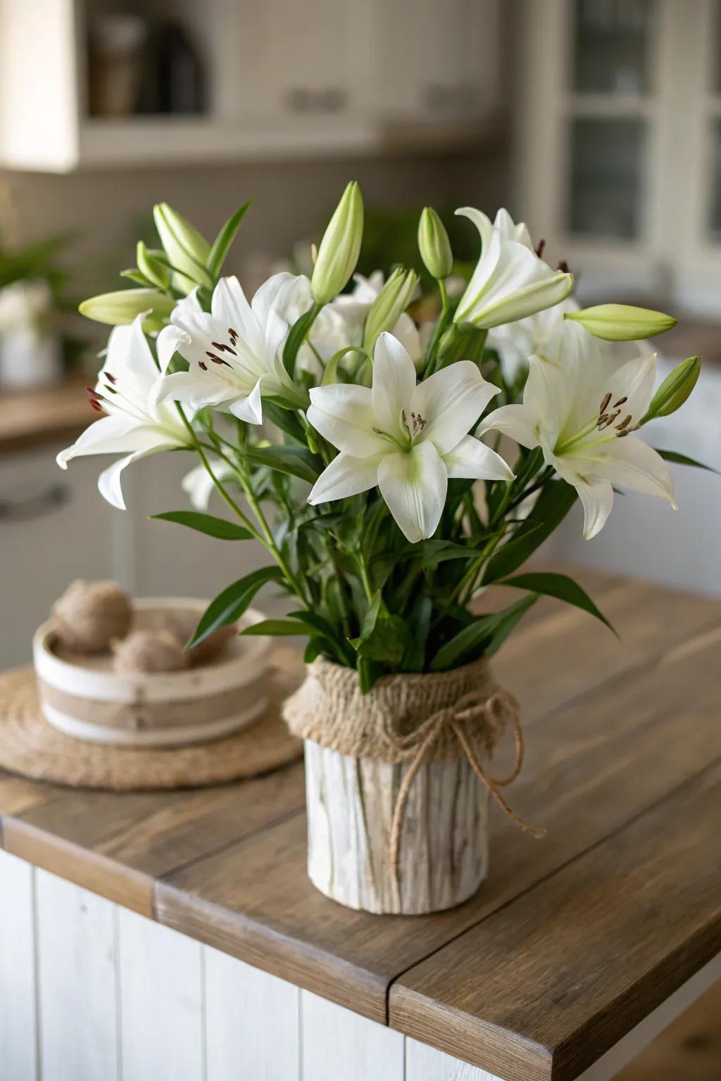 Ivory lilies delivering homespun allure within the culinary space.