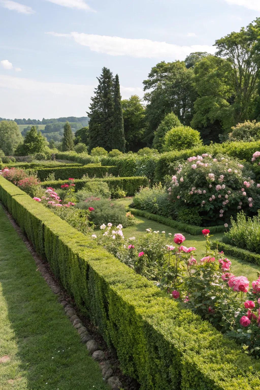 Natural hedges delineating serene garden spaces.