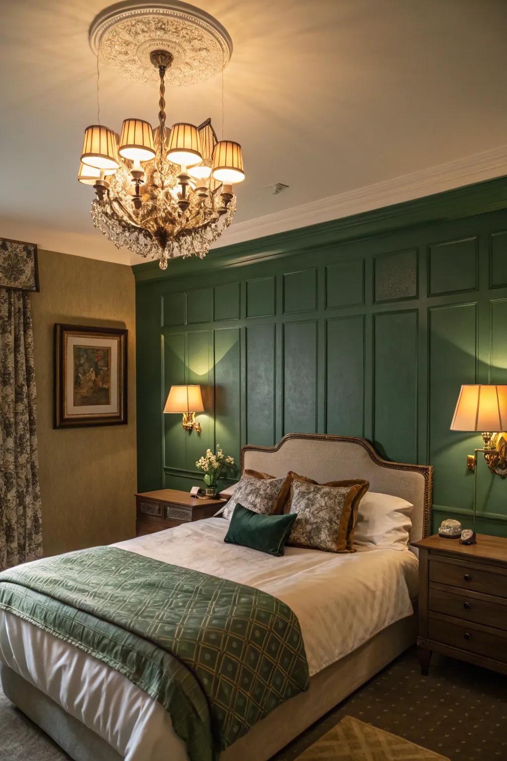 Atmospheric illumination complements evergreen for a snug sensation.