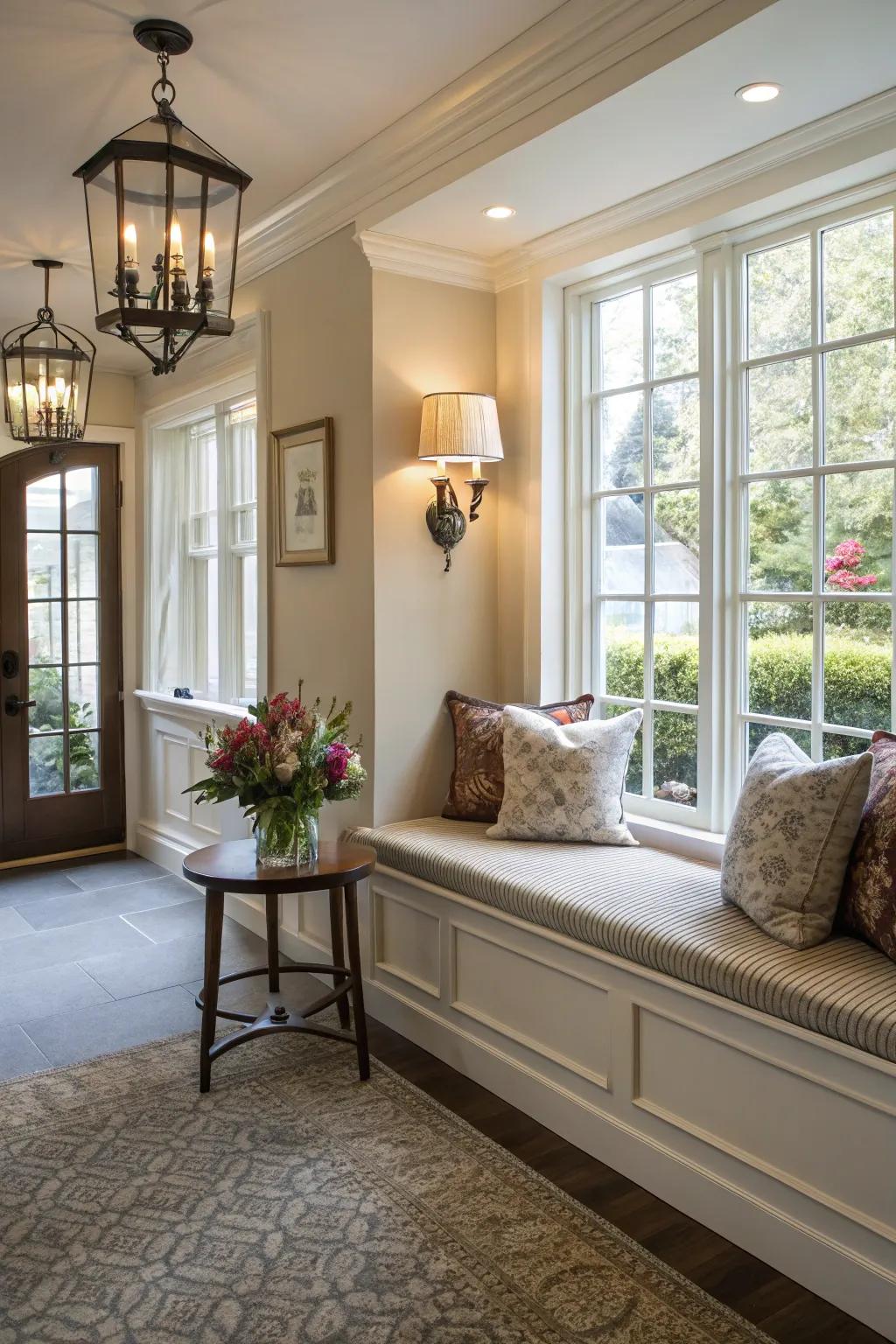 Seating in an entrance enhances convenience and usefulness.