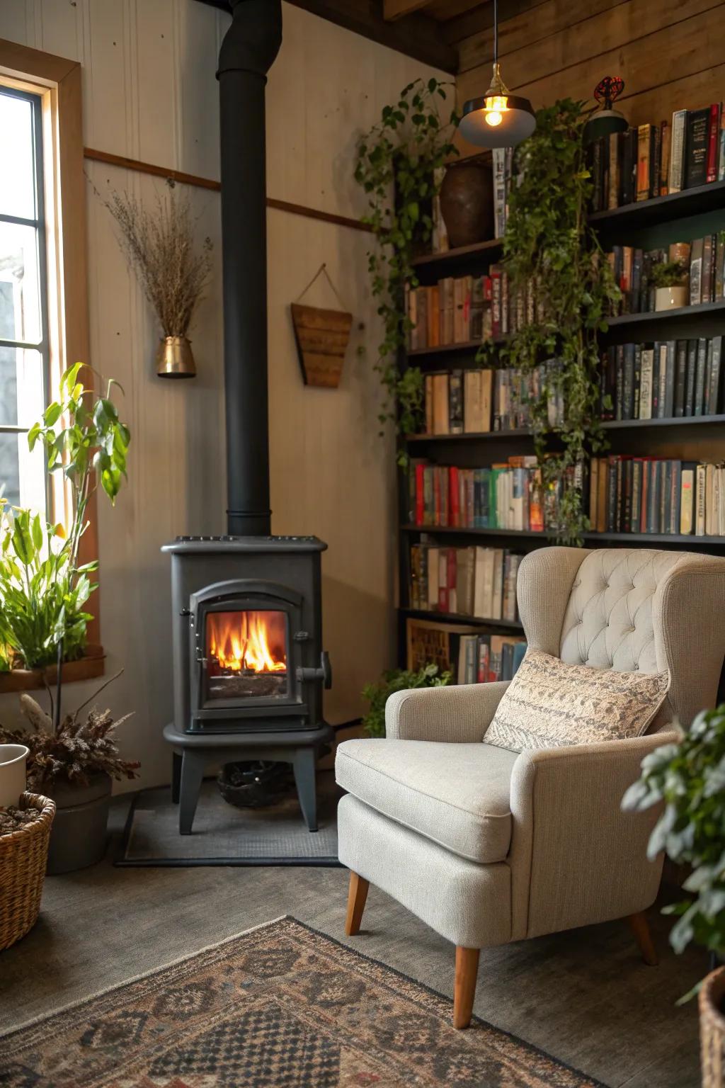 The ideal cozy nook for reading by the fireplace.