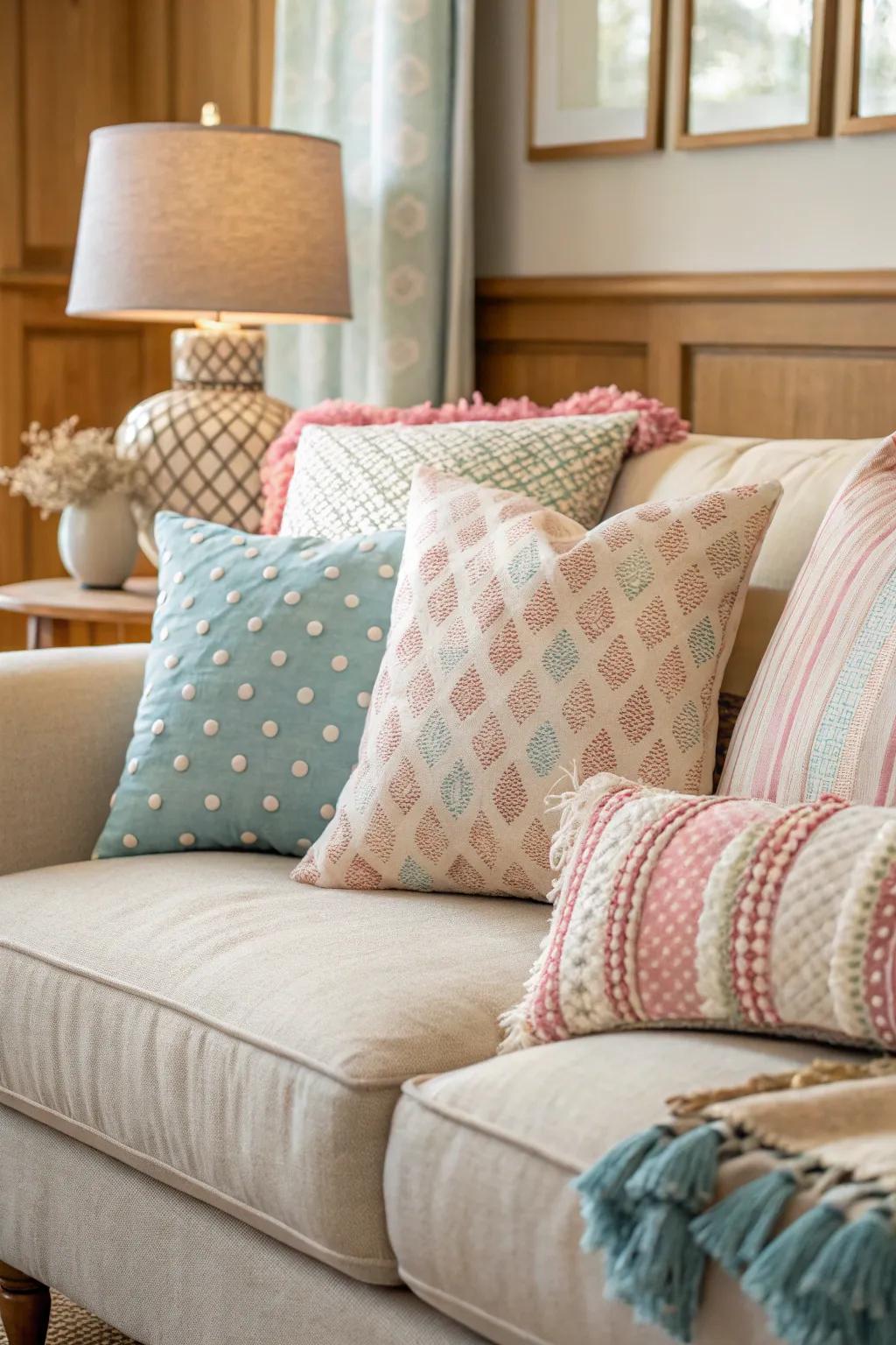 A sofa decorated with a diverse collection of textured and patterned cushions.
