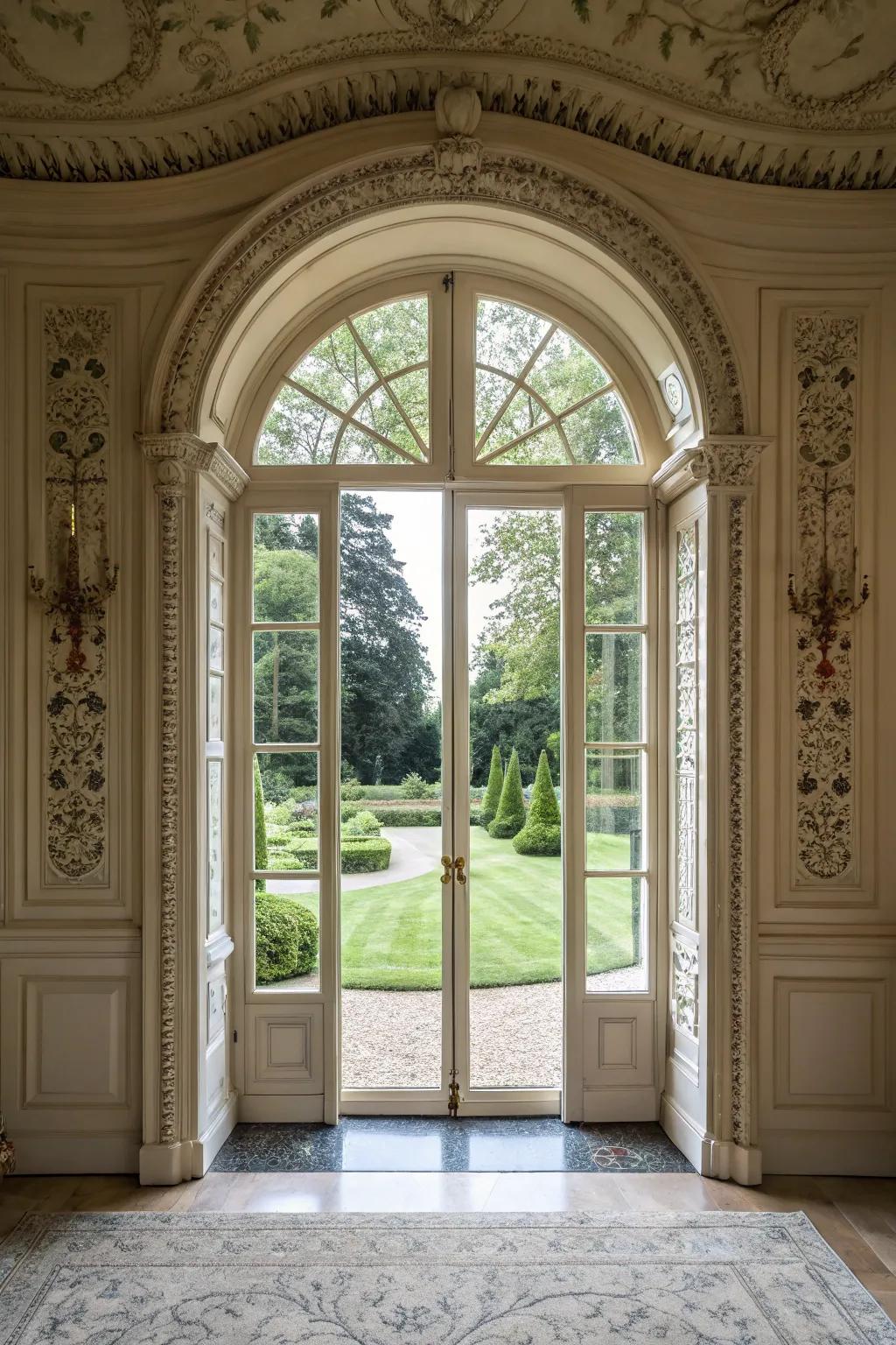 Architectural details enhance French doors.