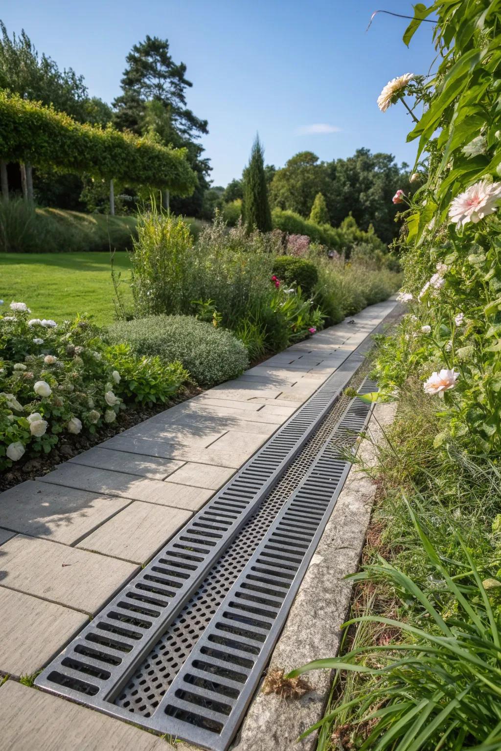 Modern grates adding a sleek look to a French drain alongside a garden walkway.
