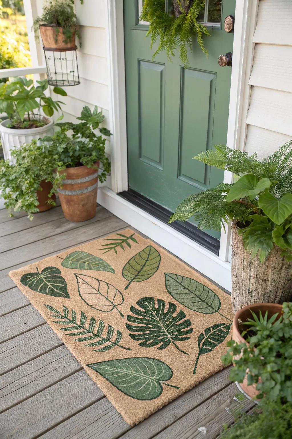 A plant-themed doormat enclosed by lush greenery.