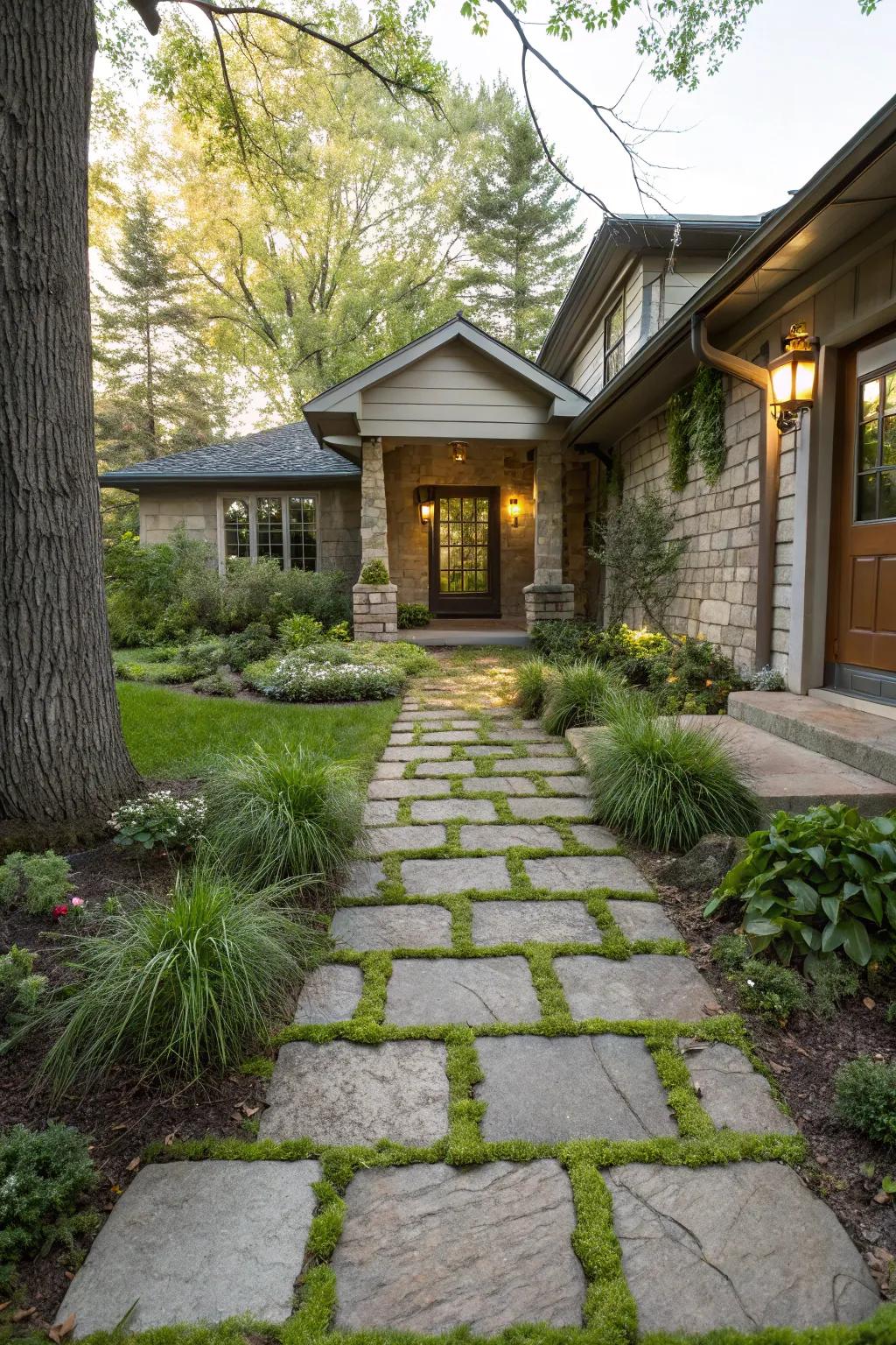 Greenery combined with pavers for a fresh entrance.