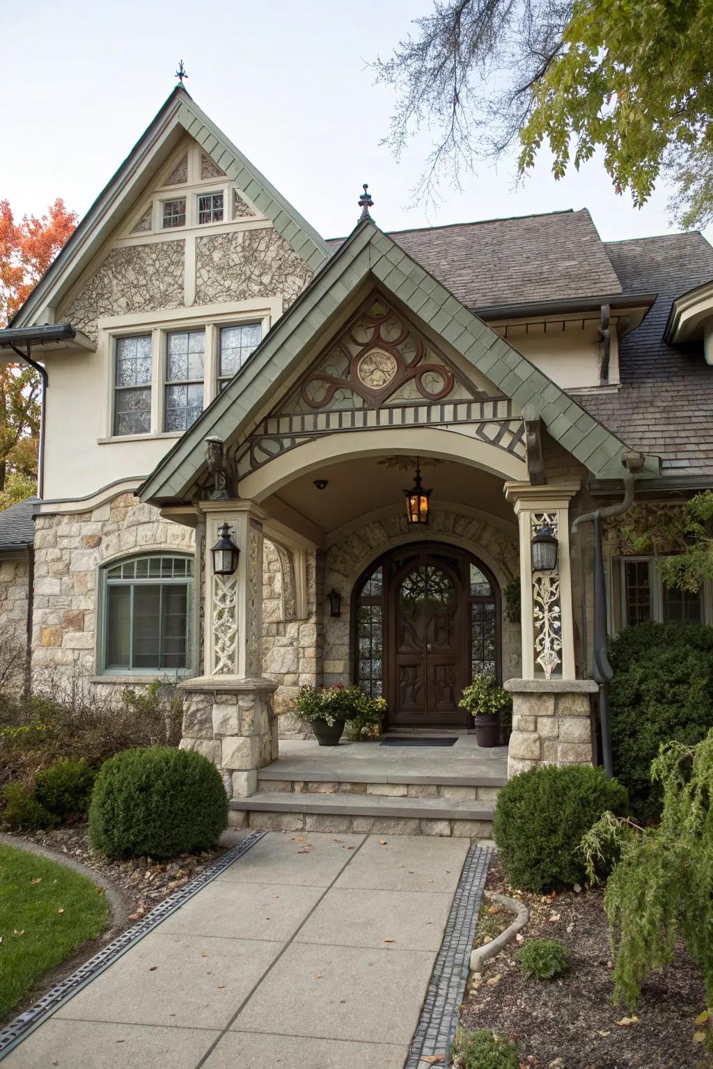 A protected entrance offers shelter and elegance with a gabled roof.