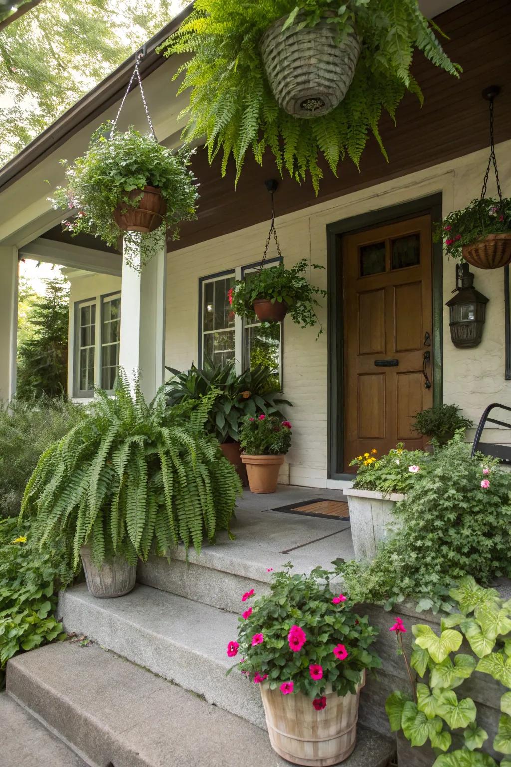 A front porch presenting an array of plant heights for supplemental dimension.