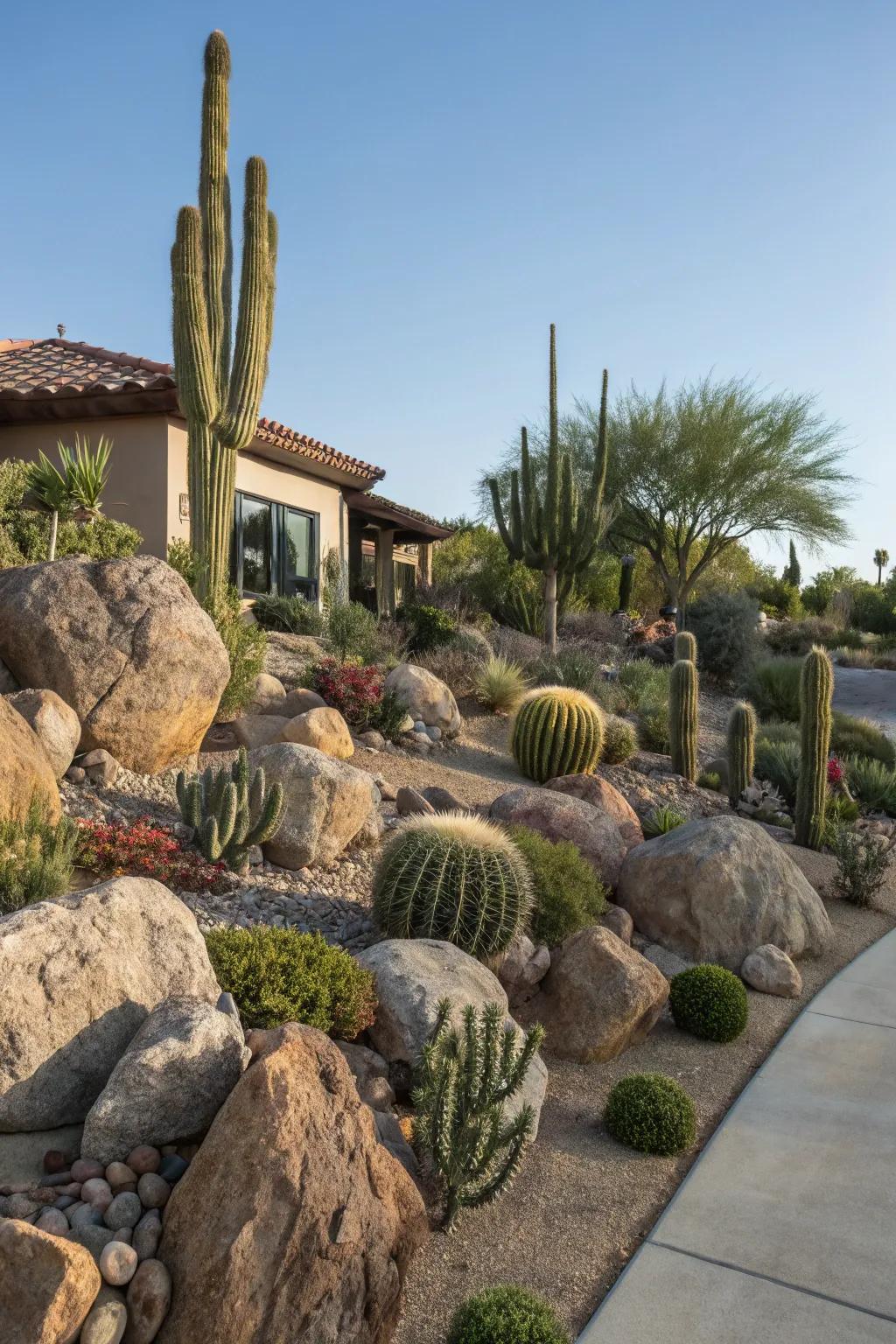 Ornamental boulders serving as centerpieces.