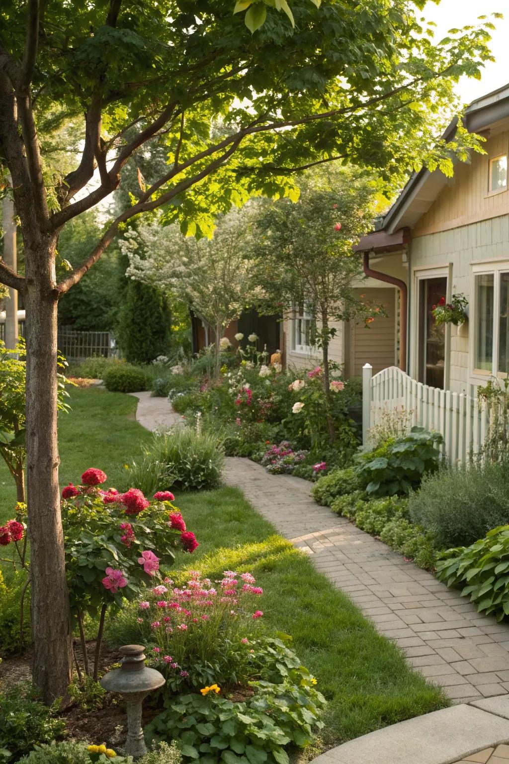 Trees and smaller plants establish a layered and lively landscape.