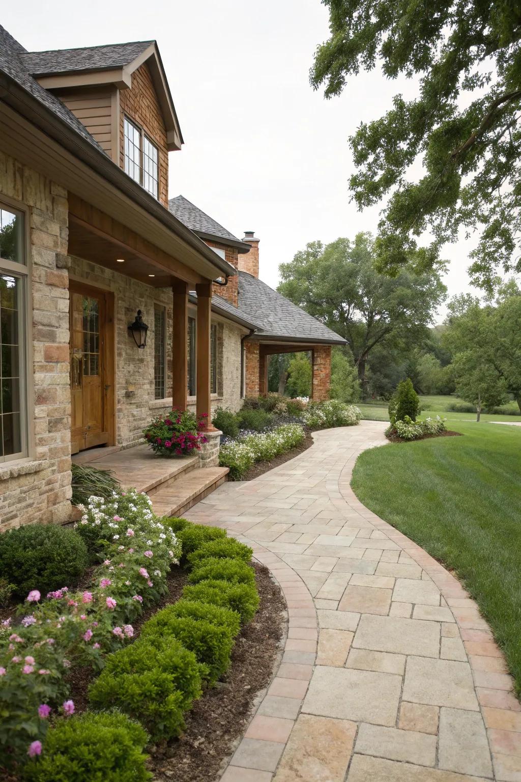 Inviting walkway leading to a ranch-style home