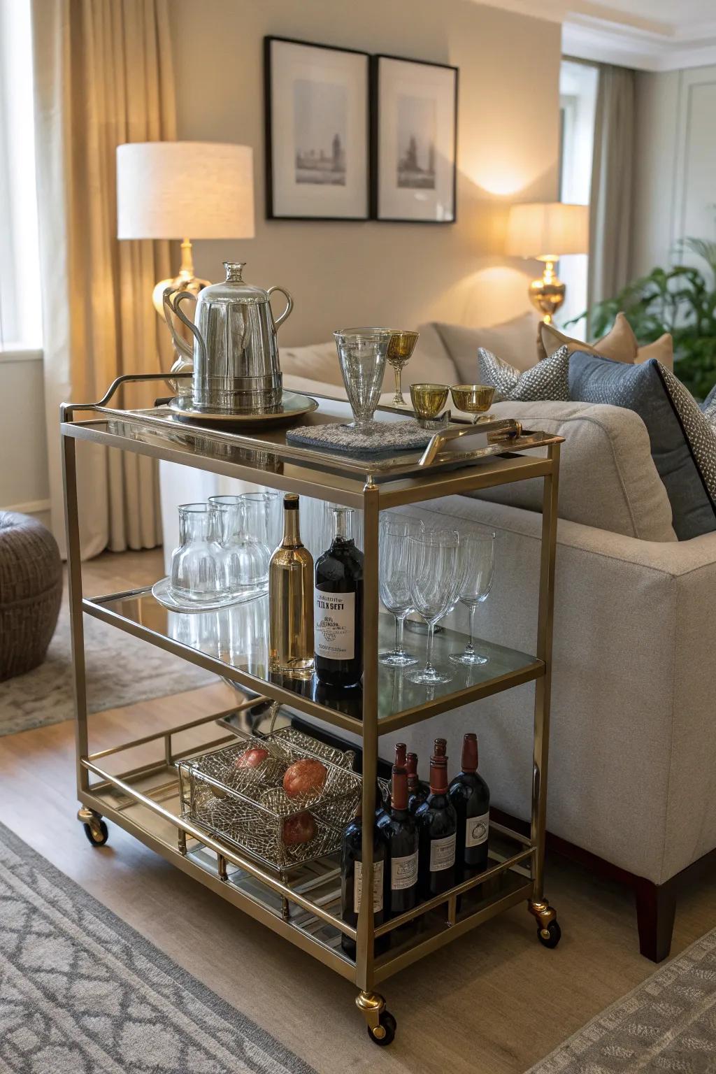 A drinks trolley behind the sofa, prepared for the next get-together with friends.