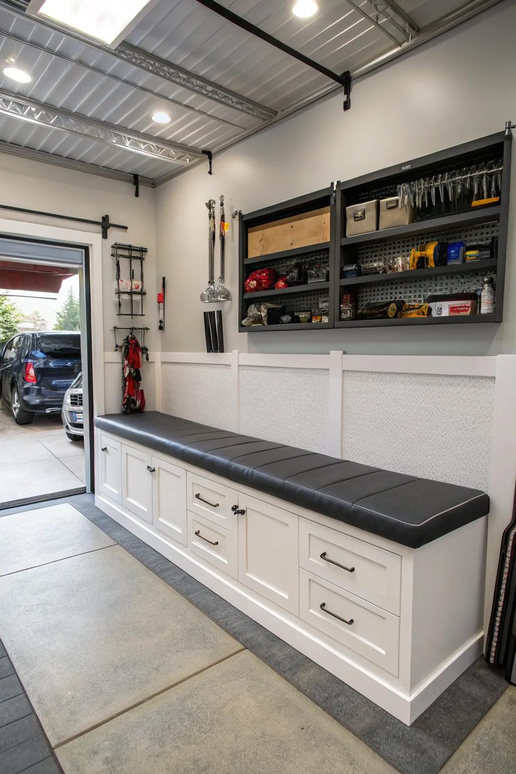 Integrated bench seating presents a space-saving remedy with added storage.