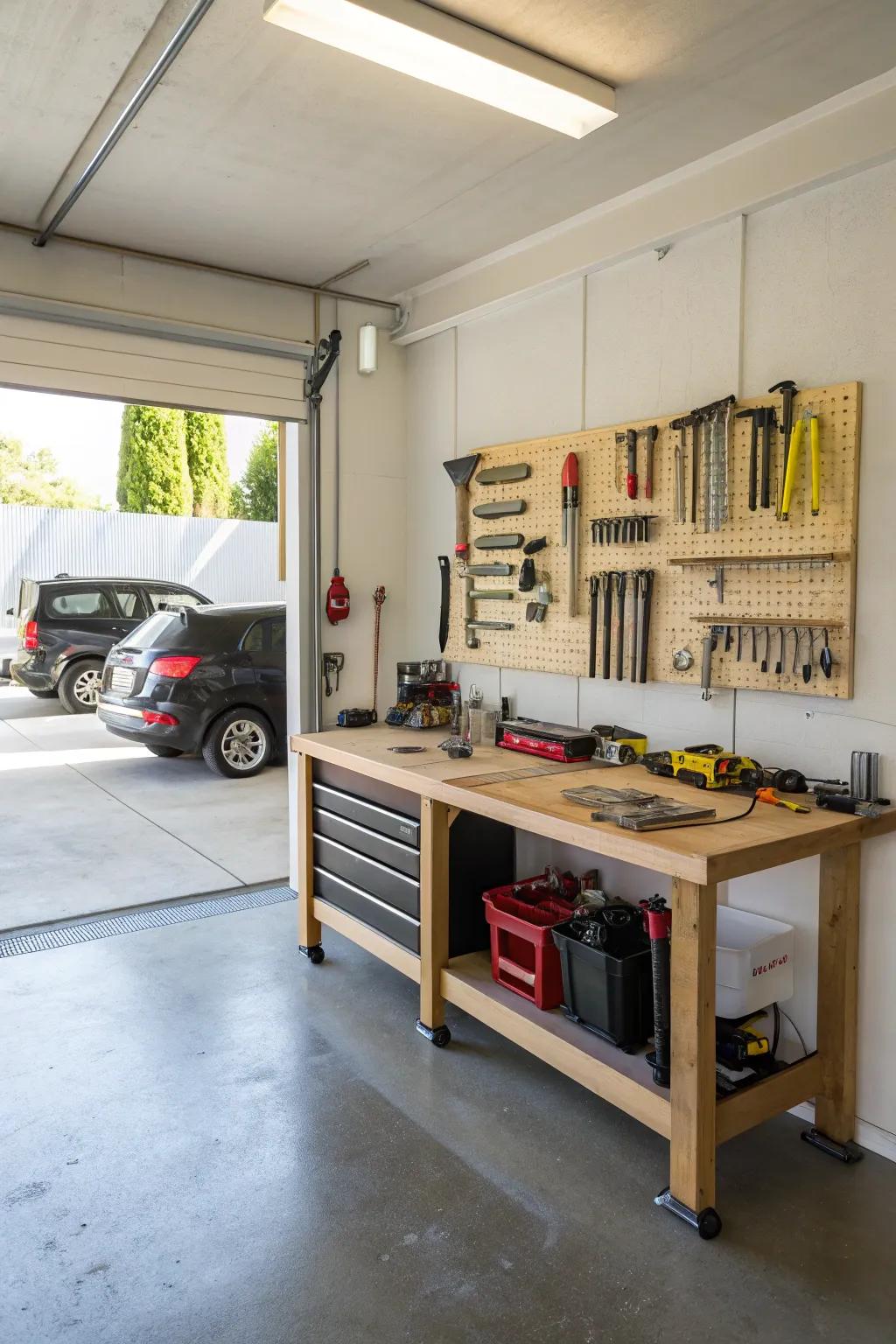 A fold-down workbench offers versatility for work and storage.