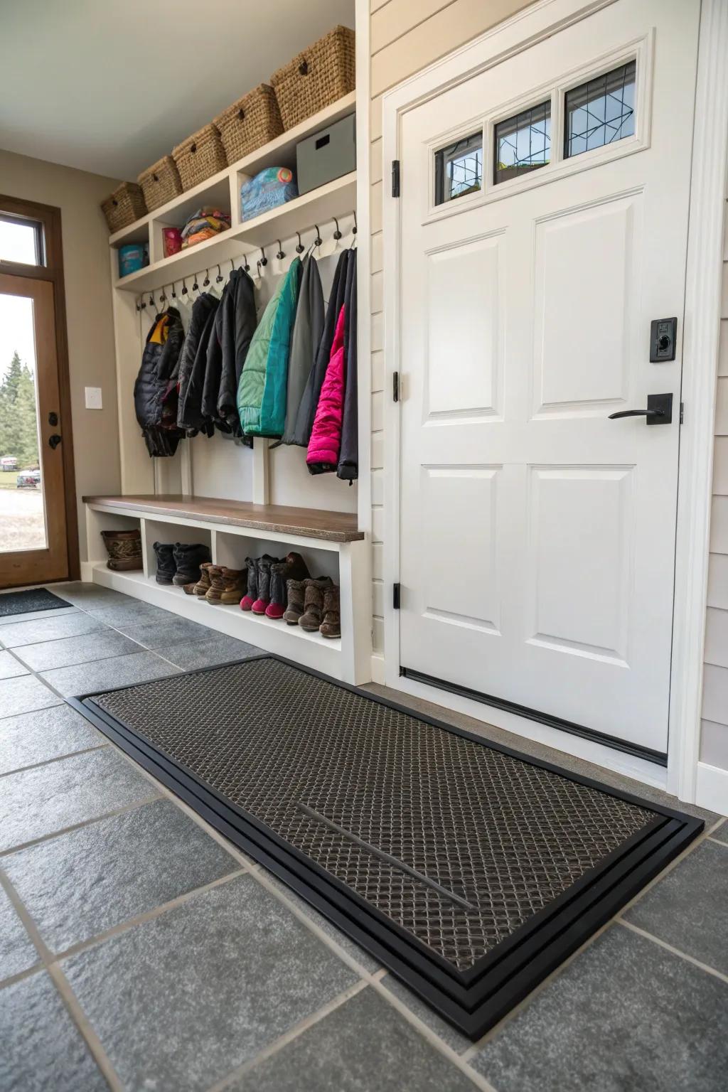 Durable mats effectively prevent dirt, safeguarding your floors beyond the mudroom.