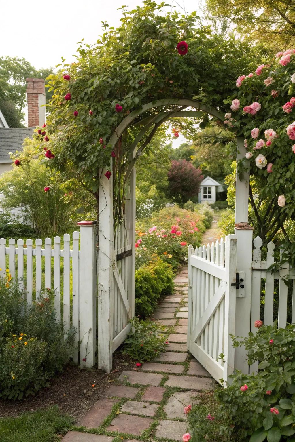 Traditional ivory picket boundary gate for a nostalgic garden ambiance.