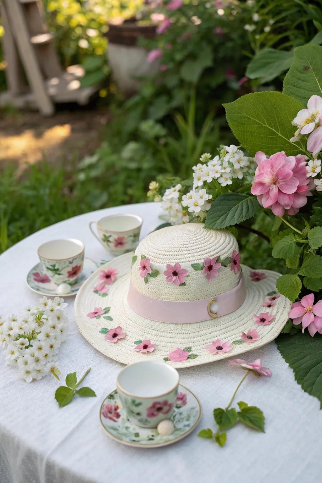 Tea party gem hat for a whimsical tea party appearance.