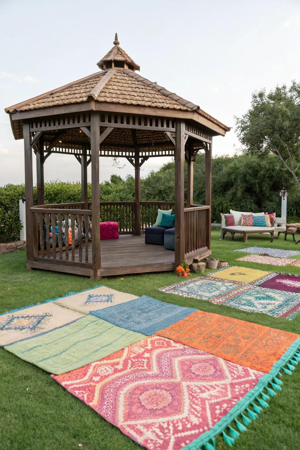 Outdoor carpets inject color and comfort without lasting changes.