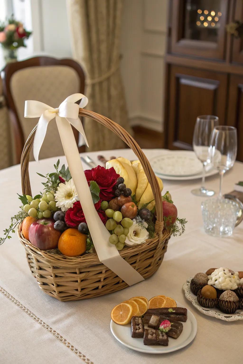 A gift basket completed with graceful bands and loops.
