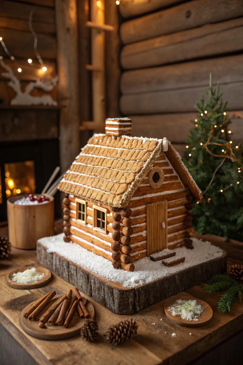A gingerbread residence featuring a salty twig log cabin peak.