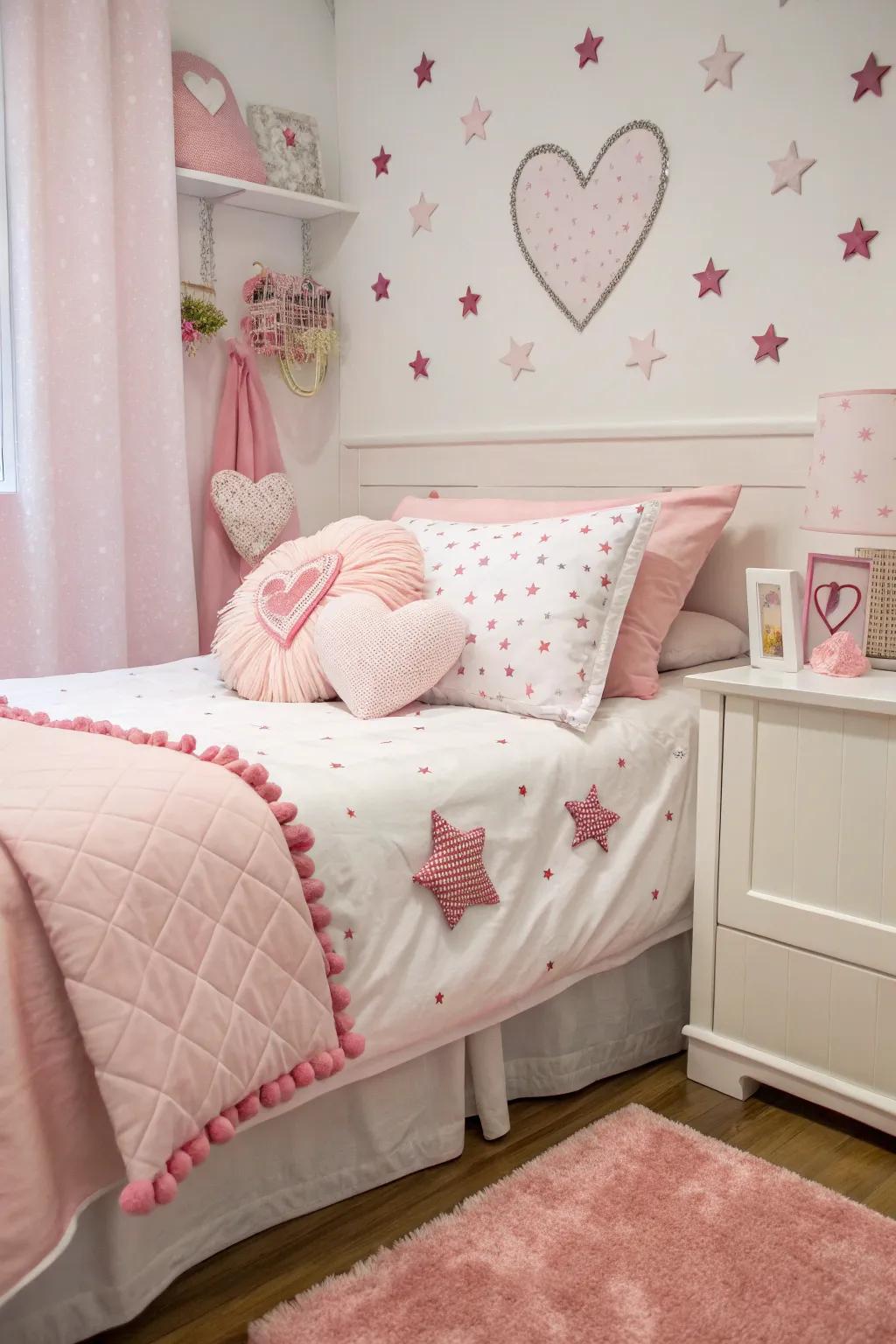 Heart and star-shaped cushions add charm and comfort.