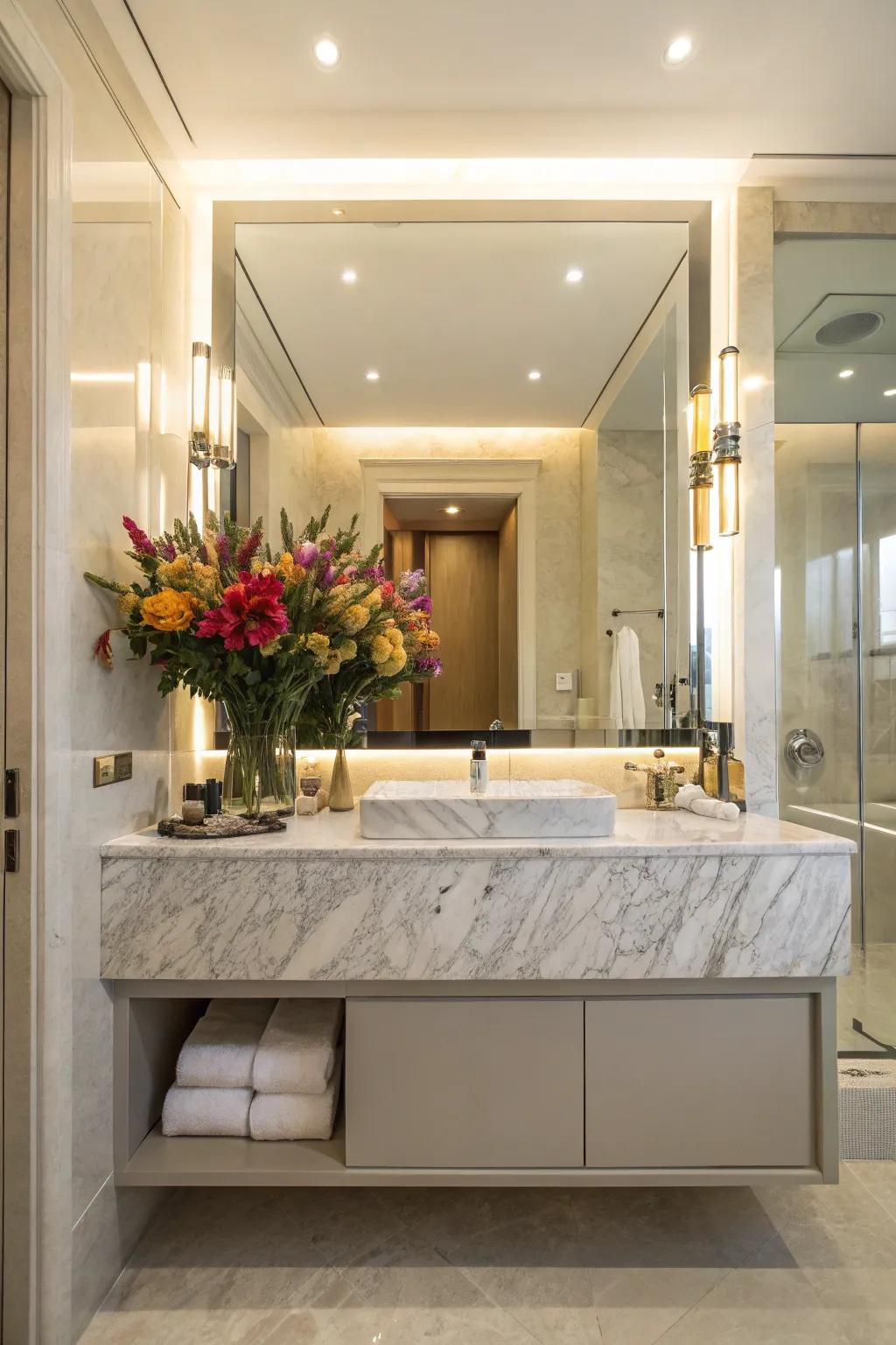 A bathroom features a floral arrangement adorning a marble vanity.