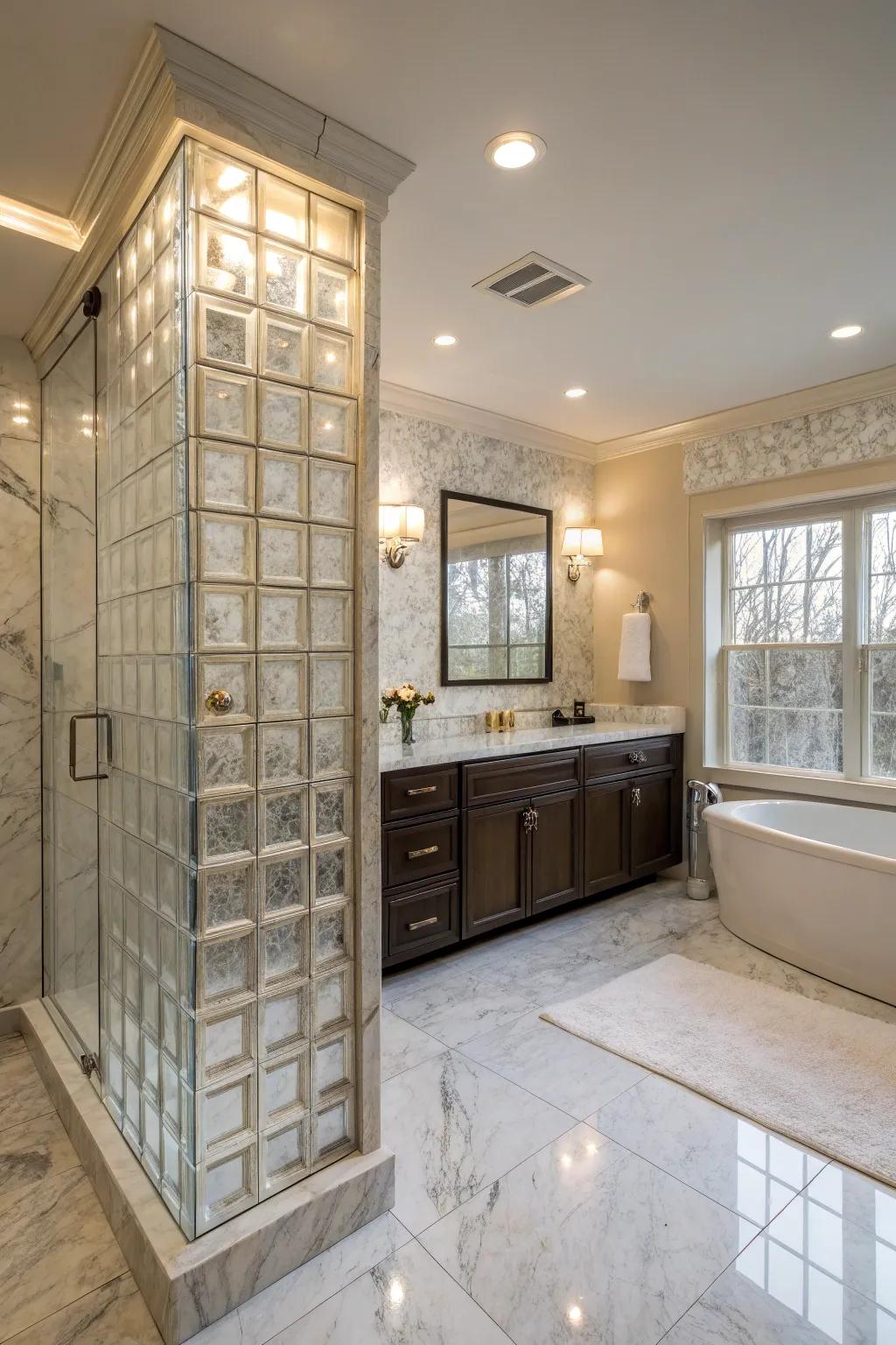 An opulent shower domain fashioned from transparent cubes.