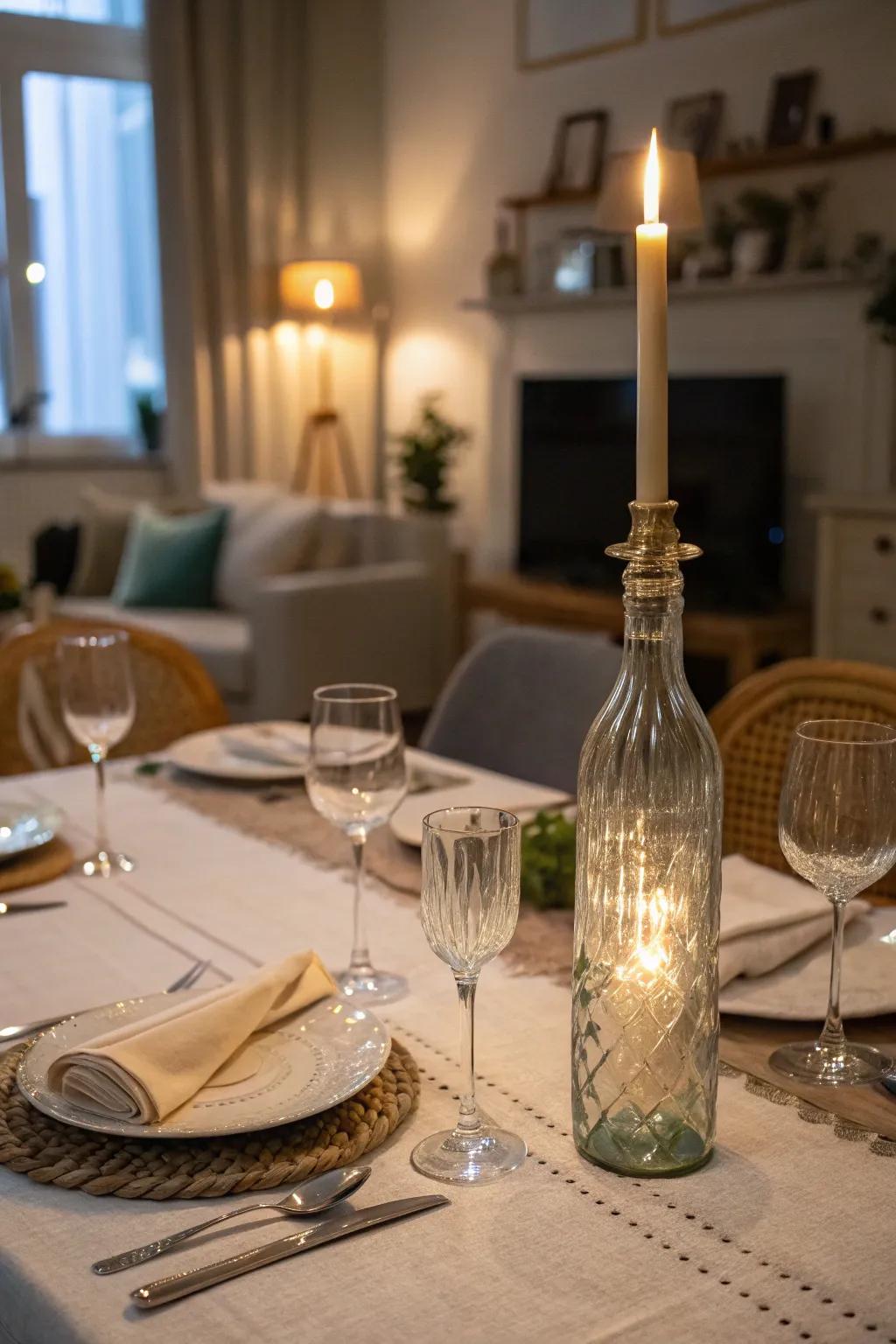 A glass bottle transformed into a captivating candle stand.